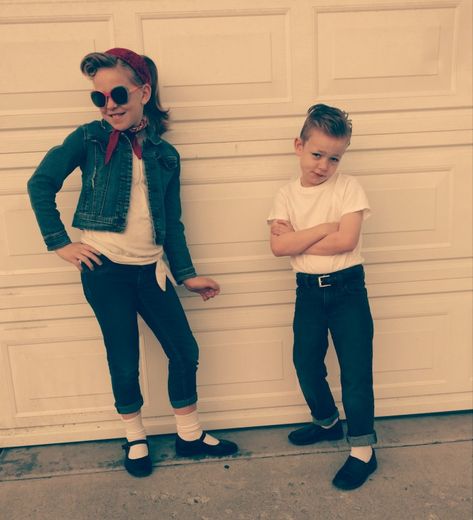 Decade Day! 1950s kids, spirit day, victory roll 😎 50s Dress Up Day At School Boy, Girls Decade Day Outfit, Girls 50s Outfit Kids Diy, Past Decade Spirit Week, 50th Day Of School Kindergarten Dress Up, 1950s Dress Up Day At School, 50s Attire For Kids, Diy 50s Outfit, 50s Girls Outfits