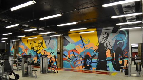 Fitness Art Illustration, Gym Wall Art Graffiti, Gym Art Design, Gym Mural Wall Art, Gym Art Painting, Gym Graffiti, Gym Painting, Fitness Design Gym, Fitness Illustration