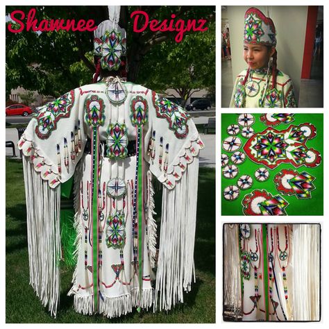 Shawnee Designz southern buckskin dress www.shawneedesignz.com Shawnee Indians, Fancy Shawl Regalia, Metis Beadwork, Buckskin Dress, Powwow Outfits, Beaded Clothing, American Clothes, Fancy Shawl, Native American Dance