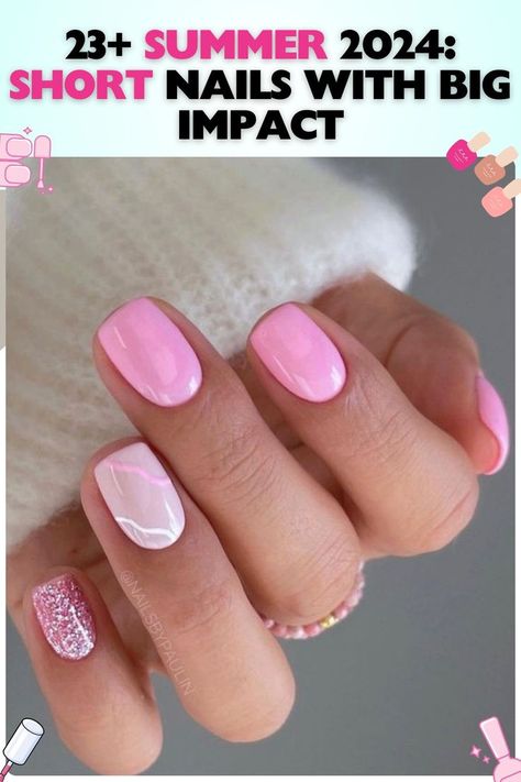 Glossy pink short square summer nails with one accent nail in glitter, paired with white geometric patterns, fitting for both everyday wear and special evenings. Nails With One Accent Nail, Short Square Summer Nails, Short Summer Nail Ideas, Square Summer Nails, Nails Ideas Short, Summer Holiday Nails, Short Nails Summer, Sns Nails Designs, Short Pink Nails