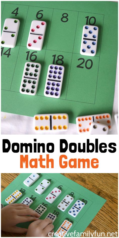 Practice your doubles addition facts with this simple, free printable Domino Doubles Game. It's a fun and easy math game for your elementary kids. #math #education #CreativeFamilyFun Dominoes Math Games, Doubles Addition, Math Doubles, Easy Math Games, Printable Math Games, Double Game, Easy Math, Kindergarten Math Games, Maths Games