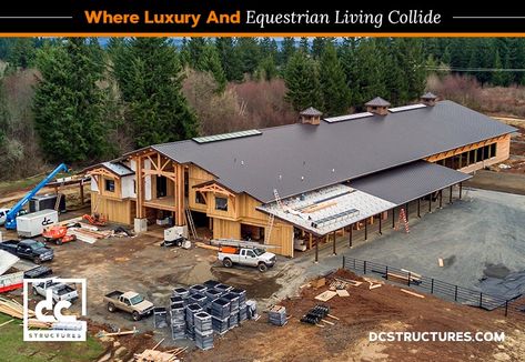 Covered Riding Arena and Barn with Living Quarters | DC Structures Blog Barn With Indoor Arena, Metal Homes Floor Plans, Covered Riding Arena, Horse Riding Arena, Dream Barn Stables, Barn With Living Quarters, Riding Arena, Horse Barn Ideas Stables, Horse Arena