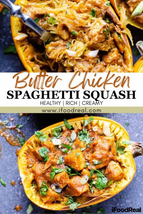 This Butter Chicken Spaghetti Squash is a healthy dish that combines delicious Indian flavors with tender spaghetti squash for a meal that everyone will love. It’s certainly a crowd pleaser and it’s really quite easy to make as well, so try it today and fall in love with the flavor! Whole 30 Chicken Spaghetti Squash, Paleo Chicken Spaghetti Squash, Rotisserie Chicken Spaghetti Squash, Spaghetti Squash With Ground Chicken, Spaghetti Squash Slow Cooker Recipes, Spaghetti Squash Dessert Recipes, Curry Spaghetti Squash, Spaghetti Squash High Protein, Chicken With Spaghetti Squash