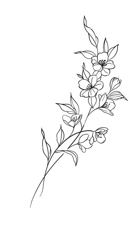 Floral Tattoo Design Drawings Simple, Simple Flowers Tattoo Design, Lined Flower Tattoos, Vines With Flowers Tattoo, Lakespur Flower Tattoo, Line Of Flowers Tattoo, Line Art Tattoos Flower, Flower Tattoo Designs Sketches, Graphic Design Tattoo Ideas