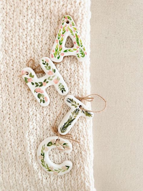 Painted Clay Ornaments Diy, Clay Ornaments Christmas, Clay Ornaments Diy, Clay Letters, Air Dry Clay Ornaments, Chunky Letters, Clay Christmas Ornaments, Initials Ornament, Letter Ornaments