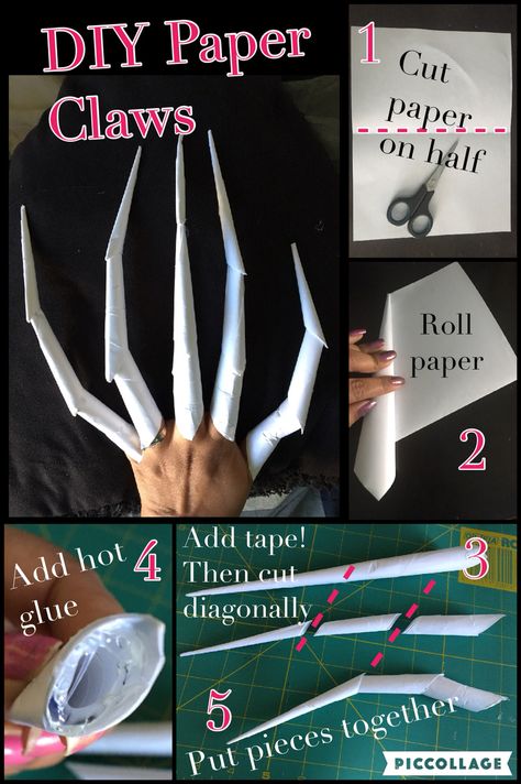 Halloween Claws Diy, How To Make Claws Out Of Paper, Paper Claws Tutorial, How To Make Claws, How To Make Paper Claws, Fnaf Crafts Diy, Diy Claws, Cosplay Props Diy, Cardboard Accessories