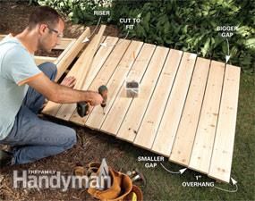 A wooden walkway makes an attractive and inexpensive garden path, is simpler and less backbreaking to make than a stone or concrete path, and works well in sloping or wet areas. Wood Pathway, Wooden Pathway, Diy Bamboo, Wood Walkway, Concrete Path, Wooden Path, Pergola Diy, Outdoor Walkway, Walkways Paths