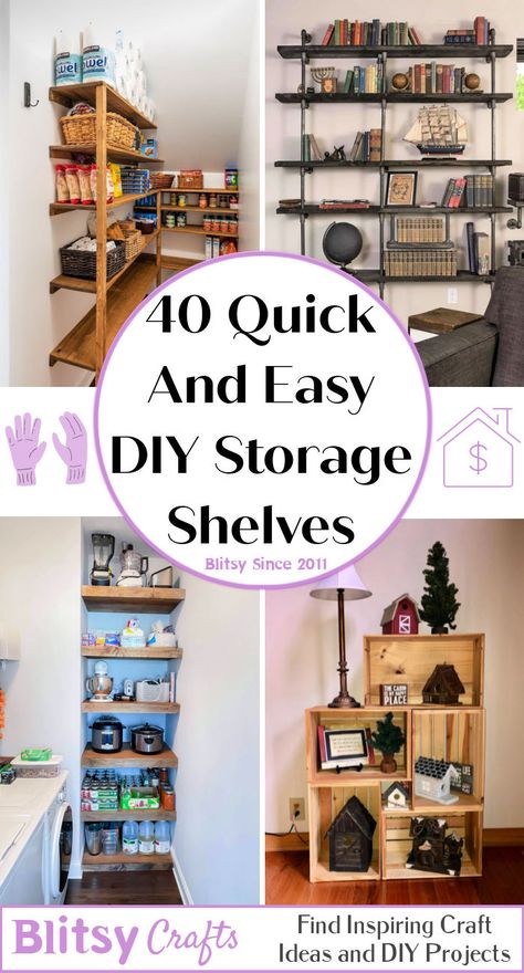 40 Quick And Easy DIY Storage Shelves Diy Rack Shelf Storage Ideas, Diy Floor Shelf Ideas, Diy Free Standing Shelves, Homemade Shelf Ideas, Diy Home Shelves, Diy Wall Storage Ideas, Easy Diy Shelves, Diy Shelves Easy, Pallet Shelves Diy