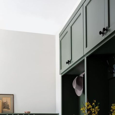 Home Bunch on Instagram: "What's your favorite color for cabinets? This paint color is making my list!   Mudroom & Command Center Cabinet Paint Color: Sherwin Williams Pewter Green.  Wall Paint Color: Sherwin Williams Heron Plume.  Tour: https://www.homebunch.com/illinois-house-tour/ Builder & Interiors: @mhousedevelopment Photos: @annieparishphoto  #paintcolor #hometour #inspiringhomes #organicmodern #housedesign #mudroom #cabinet  🎉 Go to HomeBunch.com to find some amazing HOME DECOR SALES! 🎉 . 🏡Follow @homebunch for more interior ideas🏡 . . Share your inspiring designs #homebunch" Command Center Cabinet, Sherwin Williams Heron Plume, Sherwin Williams Pewter Green, Heron Plume, Green Wall Paint, Mudroom Cabinet, Wall Paint Color, Pewter Green, Cabinet Paint