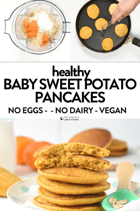 These Sweet Potato Pancake Baby recipe is the best baby led weaning sweet potato recipe from 6 months. They are soft, nourishing and healthy sweet potato pancakes made with no sugar and no eggs to prevent allergies. Plus, these are sweet potato oatmeal pancakes made with rolled oats to had plant-based proteins and fiber. 6 Month Pancakes, Baby Pancakes No Eggs, Sweet Potato Recipes For Babies, Baby Led Weaning 6 Months Recipes, Egg Free Baby Recipes, Sweet Potato Blw, Baby Leading Weaning Recipes, Baby Pancakes Recipe, Sweet Potatoes For Baby