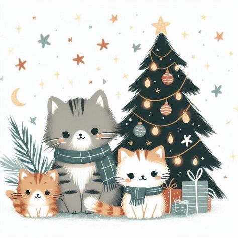 Christmas Goodnight, Minimalistic Boho, Wallpaper Gatos, Christmas Critters, Cat Christmas Tree, Christmas Pics, Winter Cat, Christmas Phone Wallpaper, Christmas Card Art