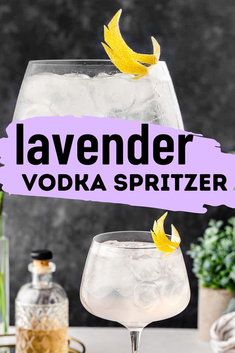 Side view of lavender vodka cocktail with lemon peel garnish. Text overlay says "lavender vodka spritzer". Lavendar Drinks Cocktails, Lemon Lavender Cocktail, Cocktails With Lavender Syrup, Vodka Lavender Cocktail, Lavender Bitters Cocktails, Lavender Lemonade Cocktail Vodka, Lavender Infused Vodka, Lavender Vodka, Lavender Spritz