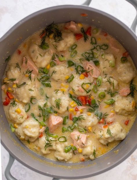 Salmon Chowder With Dill Dumplings Salmon Chowder Recipe, Salmon Chowder, Chowder Recipes Seafood, Salmon And Sweet Potato, Potato Chowder, Chowder Recipe, Dumplings For Soup, Dump Meals, Carrots And Potatoes