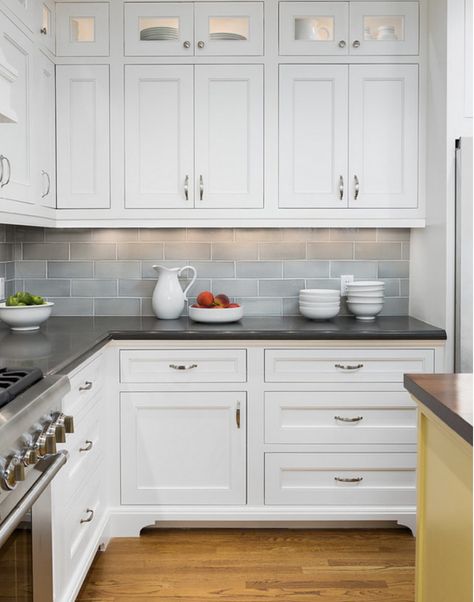 Dark Countertops White Cabinets, Grey And White Kitchen Cabinets, Gray Kitchen Countertops, Modern White Kitchen Cabinets, White Kitchen Renovation, Backsplash Kitchen White Cabinets, White Cabinets White Countertops, White Kitchen Countertops, Dark Counters