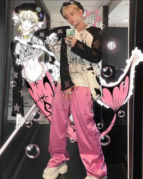 Hyperpop Fashion Men, Pink Boy Outfit, Pink Boy Aesthetic, Harajuku Fashion Men, Harajuku Boy, Good Haircut, 2000s Japanese Fashion, Men's Haircuts, Y2k Men