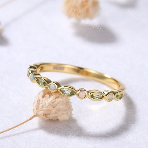 Birthstone Wedding Band, June Gemstone, Opal Band Ring, Peridot Engagement Rings, Opal Wedding Band, Birthstone Stacking Rings, Peridot Jewelry, Ring Marquise, Opal Ring Gold