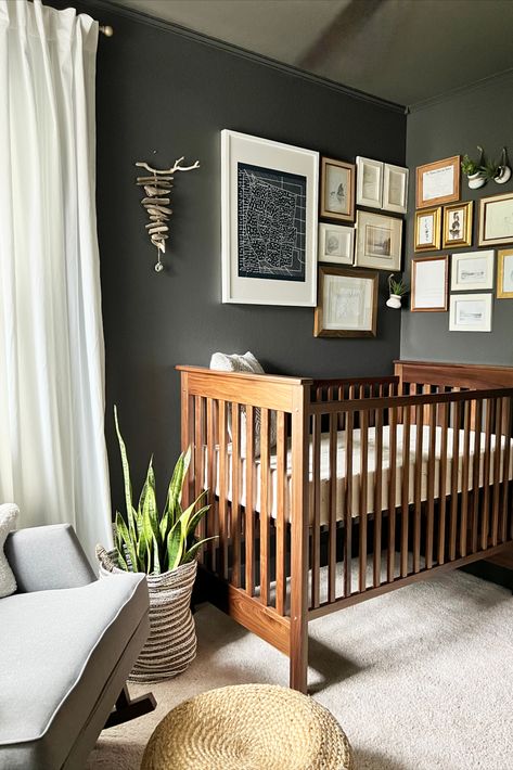 Charcoal Nursery Walls, White Gray And Brown Nursery, Gender Neutral Moody Nursery, Urbane Bronze Nursery, Dark Cozy Nursery, Nursery Dark Walls, Dark Accent Wall Nursery, Brown And Grey Nursery, Dark Wall Nursery