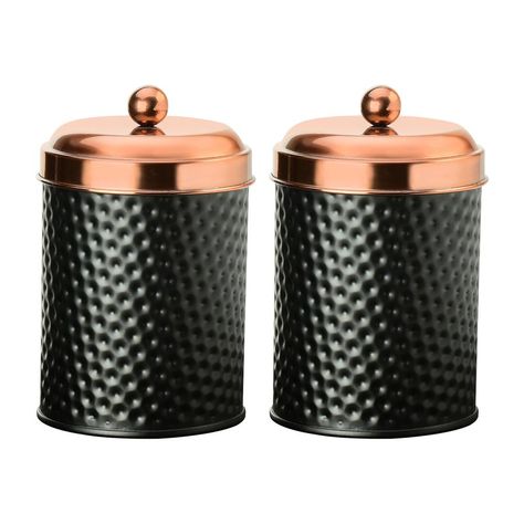 Ashby 24 oz. 2-Piece Metal Storage Canister Set with Copper Lids, Grey Black And Rose Gold Kitchen, Black Kitchen Canisters, Black And Copper Kitchen, Copper And Wood, Urban Farmhouse Kitchen, Rose Gold Kitchen, Kitchen Canister Set, Metal Canisters, Store Snacks