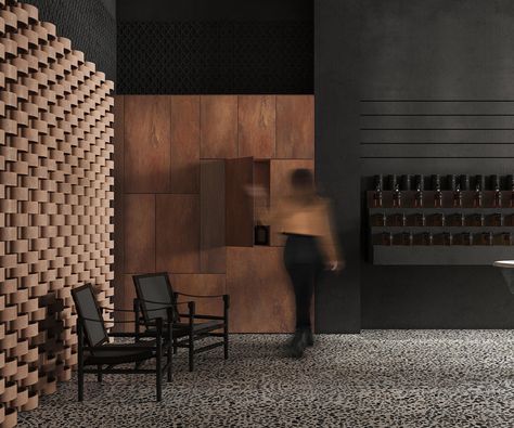 Global Architecture, Lattice Screen, Pebble Floor, Monochrome Color Palette, Modernist Architects, Metal Shelving Units, Dark Color Palette, Washbasin Design, Metal Stairs