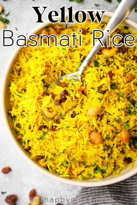 This fragrant and flavorful yellow basmati rice is studded with plump sweet raisins and roasted cashews for a a beautiful side dish for all your curries, kabobs, and so much more. Basmati Yellow Rice Recipe, Yellow Rice With Raisins, Yellow Basmati Rice, Indian Sides, Yellow Rice Recipes, Yellow Rice, Holiday Dessert Recipes, Spanish Dishes, Roasted Cashews