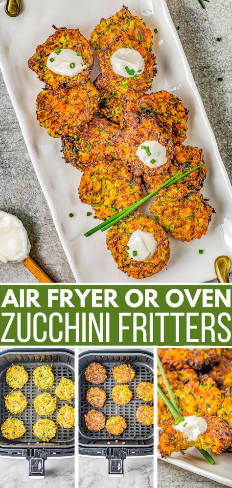 Air Fryer Zucchini Fritters - Lightly crisped on the outside, tender on the inside, and makes use of summer's most abundant vegetable! And air frying the zucchini fritters keeps them healthier than actual frying without sacrificing taste or texture! Perfect as an appetizer, side dish, or healthy main course. Oven baking instructions also provided. Zucchini Patties Air Fryer, Air Fryer Zucchini Fritters, Zucchini Recipes Baked, Air Fryer Zucchini, Veggie Fritters, Bake Zucchini, Zucchini Fritters, Zucchini Fries, Fritter Recipes