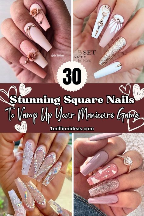 30 Stunning Square Nail Designs To Vamp Up Your Manicure Game 35th Birthday Nails, Nails Ideas Long Square, Birthday Nails November, Classy Coffin Nail Designs, Nails For Formal Event, November Birthday Nails, Medium Square Nails Designs, Pretty Birthday Nails, Medium Square Acrylic Nails Designs