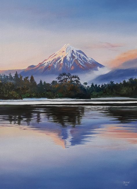 Nz Landscape Painting, Mt Taranaki New Zealand, New Zealand Landscape Painting, Mum Painting, Traditional Landscape Painting, Taranaki New Zealand, Mt Taranaki, New Zealand Landscape, Nz Art