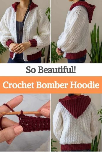 Here's an easy-to-make crochet bomber hoodie tutorial, its author made it especially for the fall season, but we think this one fits great at any time of the year. This hoodie is for a size small, but if you want to use your own measures along it can be used for any size, is very easy to make and adjust. She also used a super simple stitch, the Suzette, which is great for any crocheter. You'll only need two colors of yarn, in this case, white and red, and a 5 & 5.5 mm Hook to crochet this... Crochet Cardigan Pattern Free, Hoodie Tutorial, Crochet Hoodie, Simple Stitch, Crochet Cardigan Sweater, Baby Frock Pattern, Hoodie Pattern, Crochet Coat, Crochet Jacket