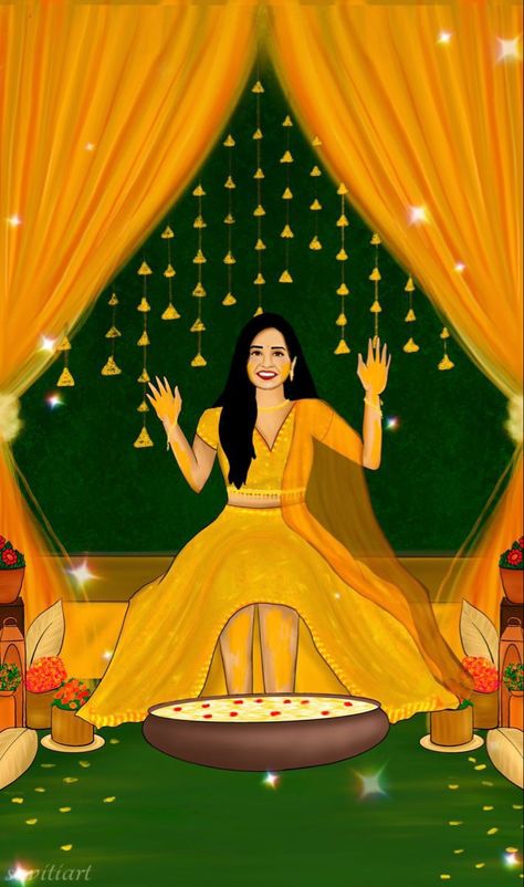 Nalangu Invitation, Wedding Invitation Sticker, Haldi Bride Illustration, Haldi Ceremony Invitation Card, Groom Caricature, Haldi Invitation, Haldi Bride, Bride Cartoon, Bride Fashion Illustration