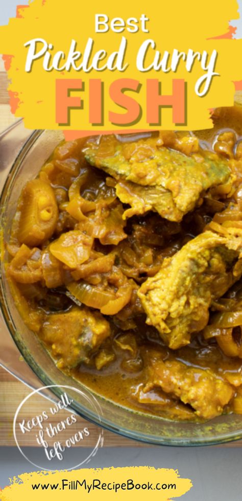 this is the best pickled curry fish recipe idea for a meal, that is traditionally celebrated by south afrcans. It does sybolize food that was eaten during easter time as a tradition in the older times, It has the sauce and keeps well in the fridge for a few days. South African Pickled Fish Recipe, Pickled Fish Recipe, Milktart Recipe, Pickled Fish, Fish Batter Recipe, Curry Fish, Fish Curry Recipe, Best Curry, Fried Fish Recipes