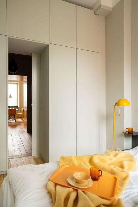 Wardrobe Wall, Stockholm Apartment, Living Place, Dekorasi Kamar Tidur, Yellow Interior, Yellow Bedroom, Bedroom Wardrobe, Interior Modern, Built In Wardrobe