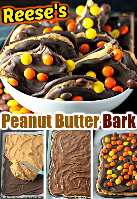 Reese's Chocolate Peanut Butter Bark is a decadent chocolate lover's dream! This rich and creamy twist on traditional candy bark is a great treat for the holidays, a special occasion, or even to fill the cookie jar or give as an edible gift. Peanut Butter Bark Recipes, Peanut Butter Chocolate Bark, Peanut Butter Bark, Reese's Chocolate, Candy Bark, Candy Treats, Chocolate Peanut Butter Cookies, Peanut Butter Desserts, Kitchen Fun