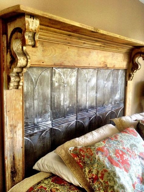 Diy Antique Headboard, Diy Vintage Headboard Ideas, Mantle Headboard Ideas, Creative Headboards Diy, Farmhouse Headboard Ideas, Fireplace Mantle Headboard, Tin Headboard, Philadelphia Row House, Creative Headboards