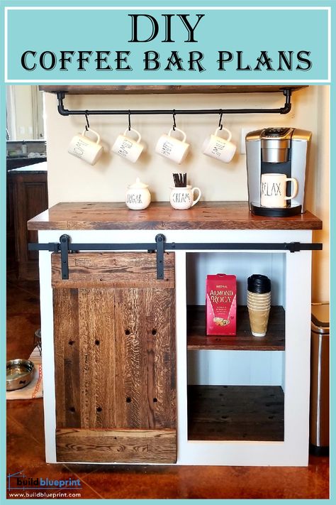 DIY coffee bar beverage bar plans Coffee Bar Table Diy, Diy Coffee Cabinet Ideas, Diy Wood Coffee Bar, Coffee Bar Plans Diy, Simple Diy Coffee Bar, Easy Diy Coffee Bar, Building A Coffee Bar, Coffee Bar Diy Farmhouse Style, Coffee Bar Building Plans