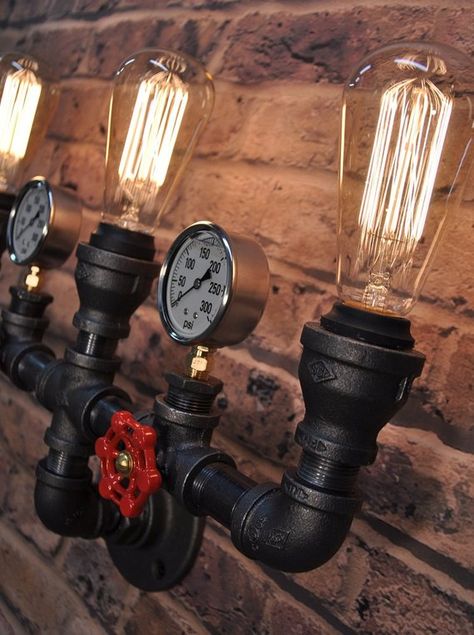 The Triton Industrial Steampunk Black Pipe Light Fixture | Etsy Black Pipe Lights, Lamp Charging, Industrial Style Lamps, Metal Wall Lamp, Metal Wall Light, Pipe Lighting, Vintage Edison Bulbs, Loft Decor, Pipe Lamp