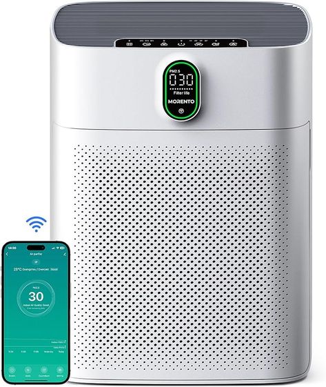 Enjoy Clean Air: MORENTO HY4866-WF smart air purifiers for home can be used at home to effectively capture 99.97% of airborne particles with a size of 0.3 microns, including dust and pollen. This air purifiers for home large room with a CADR of up to 300 m ³/ h, one air change per hour can be completed for rooms up to 1076 ft² or 100 m². This air purifier for home can use with the “Havaworks” app to monitor the air quality from your phone in real-time. Home Air Purifier, Hepa Air Purifier, Air Purifiers, Smart Wifi, Fan Speed, Hepa Filter, Clean Air, Air Quality, Household Appliances