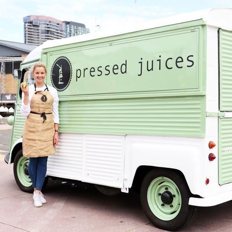 Our vintage F R E N C H cold pressed juice truck is looking like he is ready for his first stop, VAMFF // Hecta, the H - Van will be at the Virgin Australia Melbourne Fashion Festival at Central Pier, Docklands for the entire duration of VAMFF • Arrive a bit earlier to stop and grab a juice before you are dazzled by bright lights and the sweeping of fabric down the runway! H E C T A has what you need, he has cold Pressed Juices // It will Positively Change your night at @vamff Juice Cart Ideas, Juice Truck Design, Juice Food Truck, Juice Truck Ideas, Juice Cart, Cold Pressed Juice Bar, Juice Truck, Juice Bar Design, Juice Ad