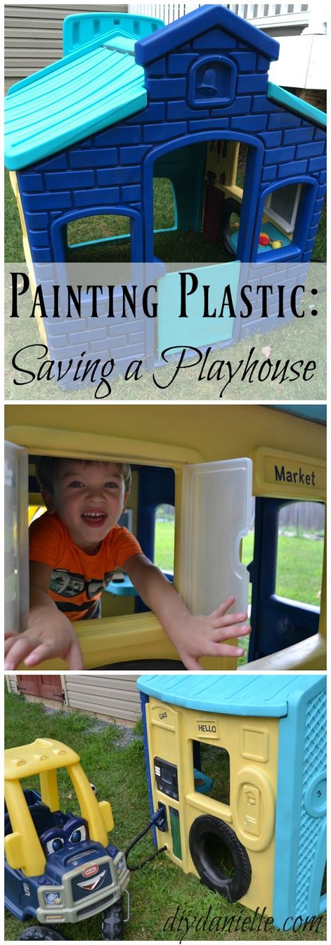 How to paint a plastic playhouse to customize it. A simple paint job saved this one from a landfill! Plastic Playhouse Makeover, Plastic Playhouse, Kids Indoor Playhouse, Playhouse Makeover, Toddler Playhouse, Playhouse Kits, Simple Paint, Backyard Playset, Paint Plastic