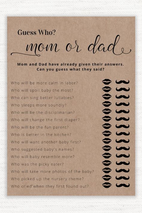 Guess Who Mom or Dad Baby Shower Game, Mommy or Daddy Baby Shower Games , Rustic guessing game, Gender neutral shower game cards Dad Baby Shower Ideas, Daddy Baby Shower Games, Baby Shower Games Daddy Knows Best, Dad Jokes Baby Shower Game, Mommy Or Daddy Baby Shower Game, Guess Who Mommy Or Daddy Game, Beach Baby Shower Theme, Spell Your Name Workout, Spoiled Baby