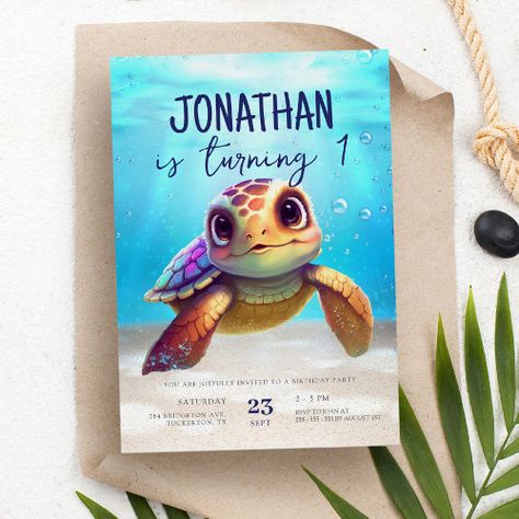 Cute Watercolor Turtle Under the Sea Birthday for $2.92 - Birthday Invitations Watercolor Turtle, Summer Birthday Invitations, Neutral Watercolor, Birth Celebration, Baby Sea Turtle, Under The Sea Birthday, Birthday Welcome Sign, Turtle Birthday, Turtle Party