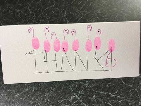 Flamingo fingerprint thank you card Flamingo Thumbprint Art, Flamingo Thank You Card, Footprint Thank You Cards, Fingerprint Thank You Cards, Fingerprint Birthday Cards, Diy Watercolor Thank You Notes, Toddler Thank You Cards, Fingerprint Flamingo, Thank You Card From Toddler