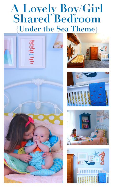 A lovely boy/girl shared bedroom - Under the Sea theme Sea Kids Room, Boy And Girl Shared Bedroom, Shared Girls Bedroom, Cool Kids Rooms, Big Girl Bedrooms, Shared Bedroom, Under The Sea Theme, Shared Room, Shared Bedrooms