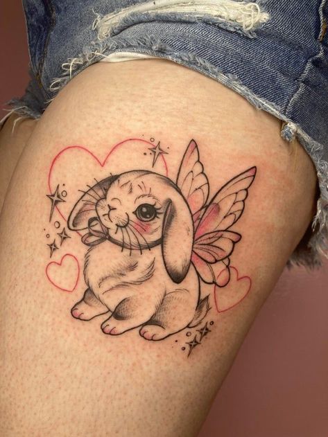 Kawaii Bunny Tattoo, Bunny With Wings Tattoo, Haven Tattoo, Emo Tattoos, Bunny Tattoo, Prison Tattoos, Bunny Tattoos, Kawaii Tattoo, R Tattoo