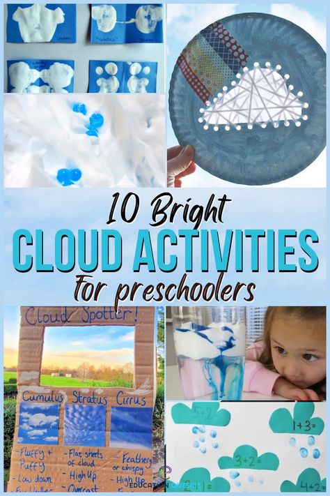 Cloud Learning Activities, Cloudy Activities For Preschool, Weather Hands On Activities, Cloud Stem Activities, Cloud Kindergarten Activities, Cloud Activities For Kindergarten, Cloud Activities For Toddlers, Cloud Crafts Preschool, Preschool Cloud Activities