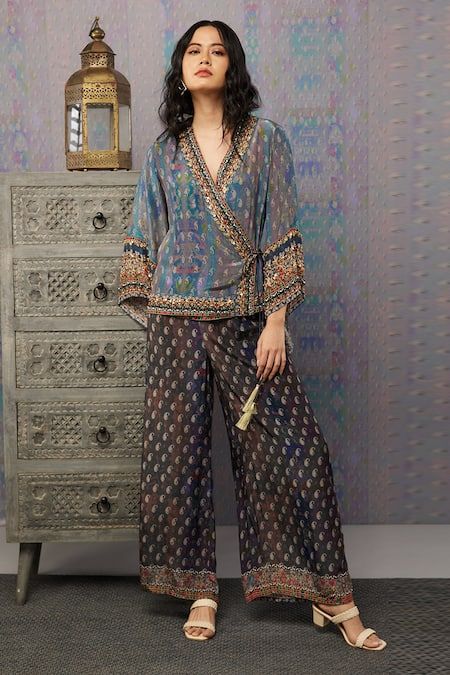 Buy Multi Color Crepe Print And Embroidery Angrakha Style Top & Palazzo Set For Women by Soup by Sougat Paul Online at Aza Fashions. Cotton Kurta Set Designs Women Casual, Dressing Trends For Women, Trending Kurta Designs Women, Latest Trending Kurti Designs, Latest Crop Top Designs, Stylish Kurti Designs Latest, Embroidery Paisley, Sougat Paul, Work Profile