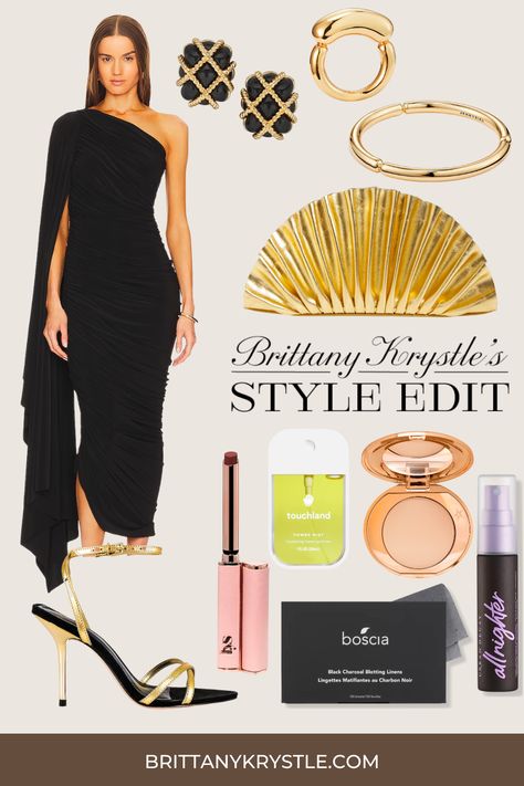 Check out the perfect black dress outfit for any formal occasion styled with gold accessories from Cult Gaia, Jenny Bird Jewelry & more, including everyday carry essentials for your clutch purse. Black Dress With Gold Accessories, Black Tie Optional Attire, Formal Event Jewelry, Dress With Gold Accessories, Wedding Guest Dress Outfit, Black Wedding Guest Dress, Black Wedding Guest, Black Wedding Guest Dresses, Jenny Bird Jewelry