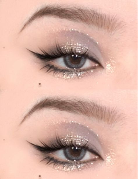 Txt Glitter Makeup, Vegas Eye Makeup, Makeup Looks With Silver, Sliver Eyeshadow Looks Simple, Simple Silver Eye Makeup, Cool Tones Makeup, Silver Makeup Looks, Makeup Silver, Silver Eye Makeup