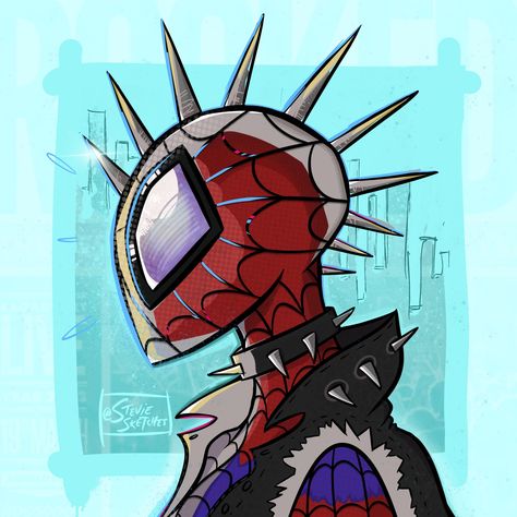 Spider Man Into The Spider Verse Drawing, Spider Verse Style, Spider Man Across The Spider Verse Art Style, Hobie Spiderman, Hobie Brown Drawing, Spiderman Original, Spider Punk Art, Spider Punk Drawing, Indian Spiderman