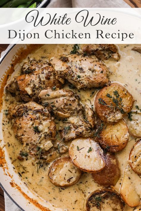 Recipe for Dijon Chicken with Creamy White Wine Sauce Dijon Chicken Recipes, Chicken Wine, Creamy White Wine Sauce, Green Beans With Almonds, White Wine Chicken, Dijon Sauce, One Pan Meal, Dijon Chicken, Bacon Stuffed Mushrooms