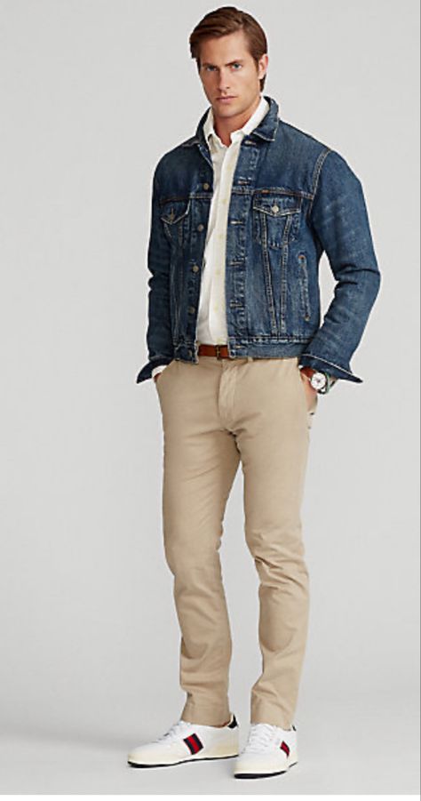 Best Outfits Men, Casual Khaki Denim Jacket For Streetwear, Maong Jacket Outfit, Outfit Ideas Men Winter, Casual Beige Denim Outerwear, Denim Jacket Combination Men, Office Outfits Black, Tan Denim Jacket Outfits Men, Men’s Tan Jacket Outfit